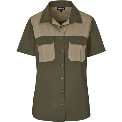 Ladies Short Sleeve Serengeti 2-Tone Bush Shirt Military Green Front